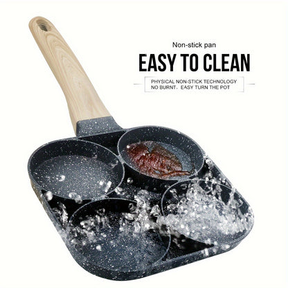 Non-Stick Breakfast Skillet Set – 4-Hole Egg Pan & 5-Piece Cookware Set with Heat-Resistant Wooden Handle for Eggs, Burgers & Omelettes, Easy Clean, Perfect for Home Kitchen Cooking