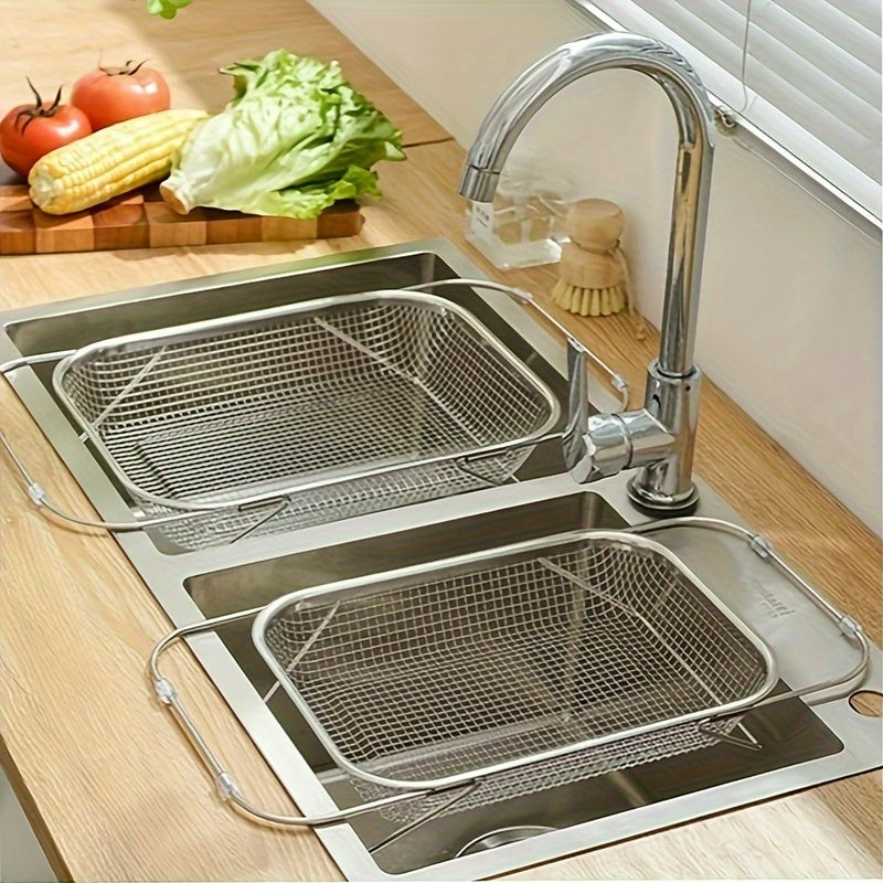 Stainless Steel Adjustable Telescopic Colander Basket for Sink – Expandable Fruit Vegetable Washing Strainer Rack for Kitchen, Fits 9–14 Inch Sinks