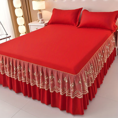 Macrame Bed Skirt Set 3 Piece with Pillowcases – Double Layer Lace Non-Slip Bedding for Twin Full Queen King, All Seasons, Red Grey Navy Purple