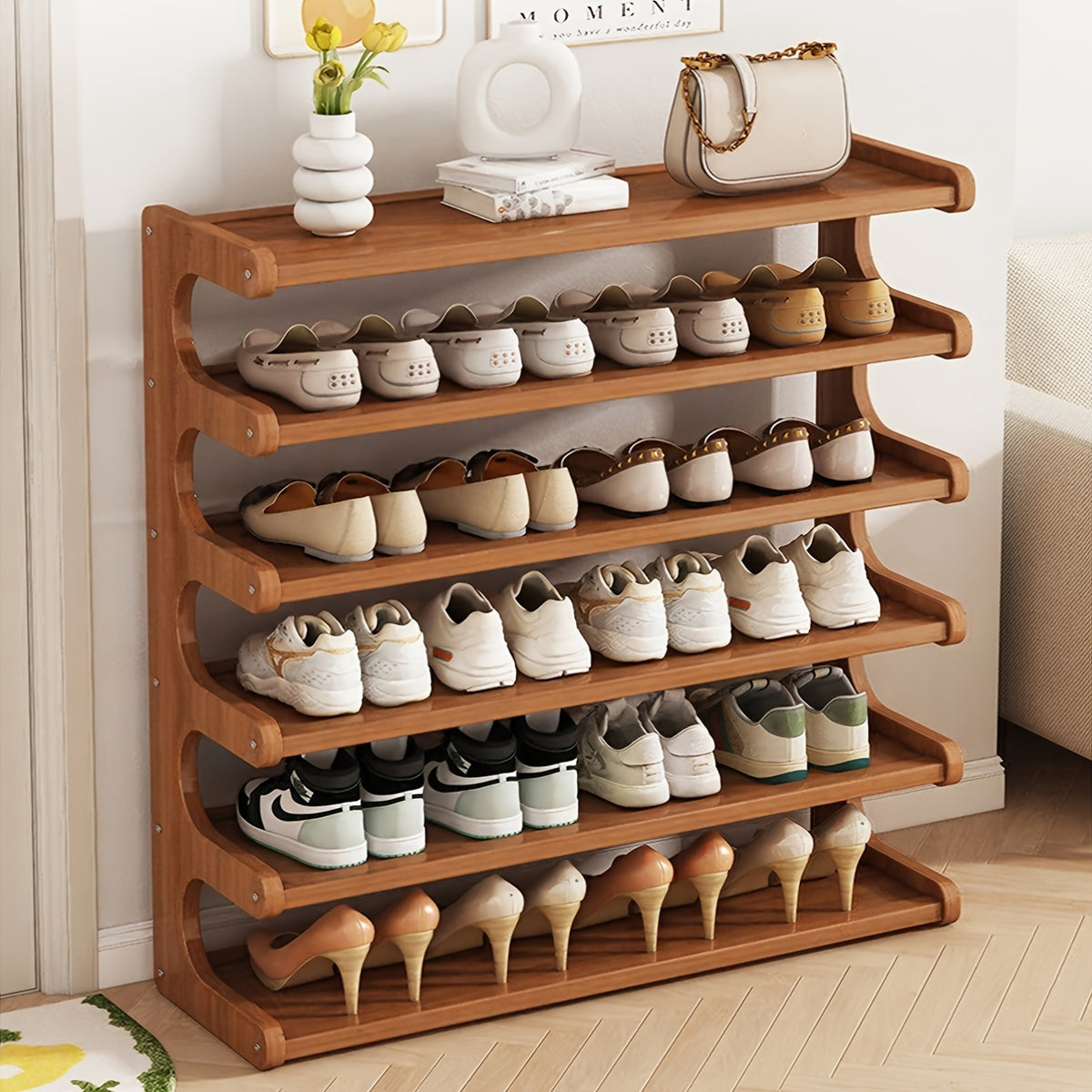Widened Reinforced Bamboo Shoe Rack 3/5/6 Tier – Multi-Layer Shoe Organizer with Independent Sorting, Space-Saving Design for Entryway, Living Room, Bedroom & Garage