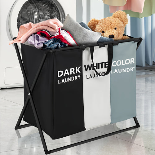 3-Section Laundry Sorter Basket Foldable Hamper with Oxford Cloth Bags & Handles Large Rectangular Clothes Sorter for Home Bedroom Bathroom College Dorm Dirty Laundry Organization