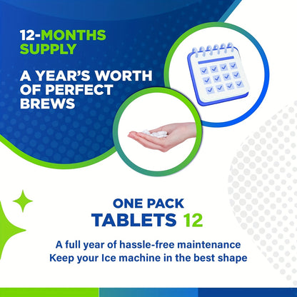 Ice Maker Cleaning Tablets 12/24/36 Pack – Deep Cleaning Descaler & Deodorizer, Food-Grade Citric Acid, Nickel-Safe, No Residue, Compatible with All Countertop & Portable Ice Machines