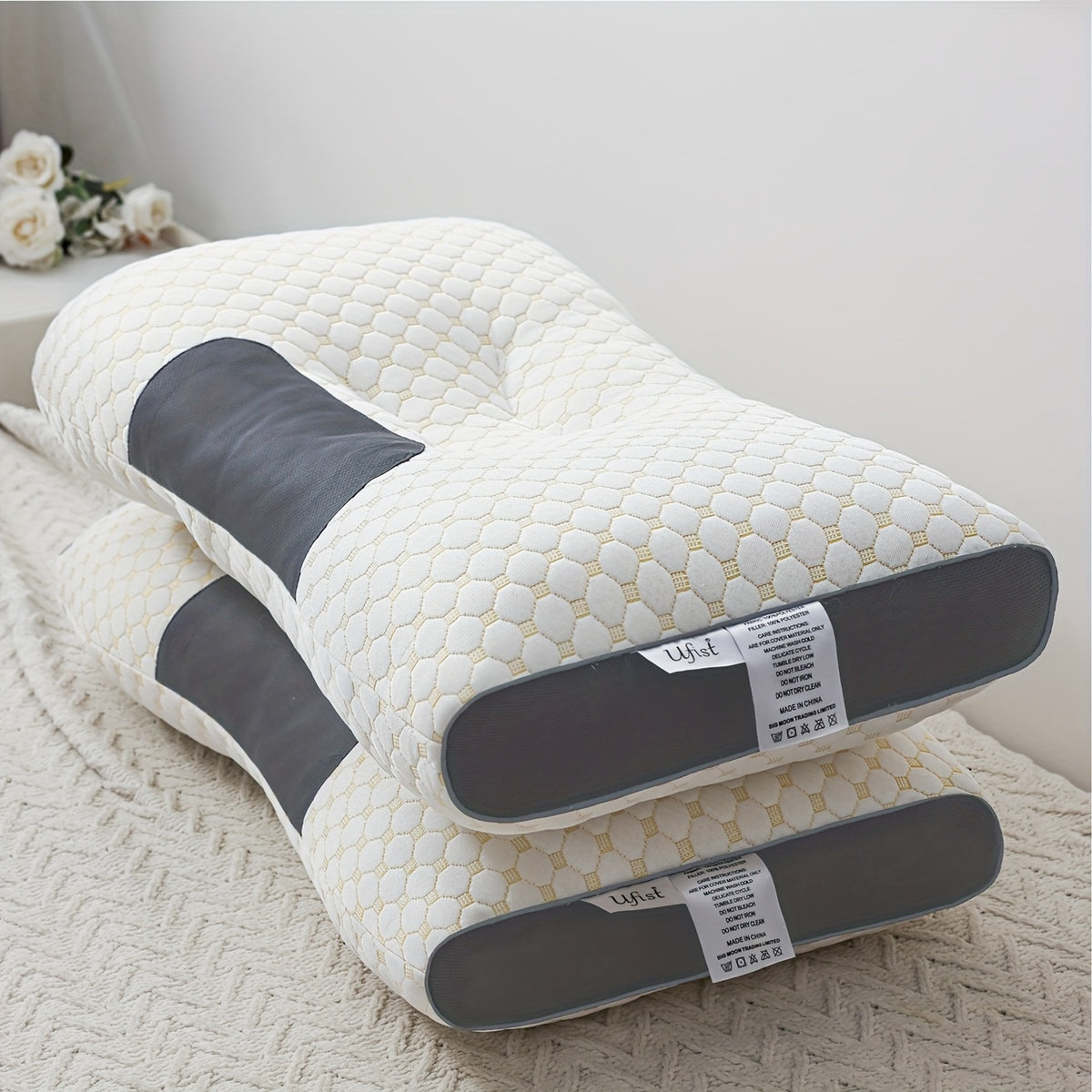 Ergonomic Cervical Neck Pillow 2-Pack Orthopedic Support Pillow for Sleeping - Adjustable Soft Massage Contour Pillow Machine Washable Removable Cover for Neck & Spinal Alignment - Gray White Yellow Purple Blue