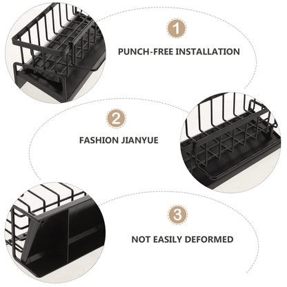 Sink Sponge Holder Drain Rack with Dishcloth Holder & Soap Dispenser Caddy, Kitchen Sink Organizer for Sponge Brush Mop Scrubber, Black Plastic Countertop Storage Rack