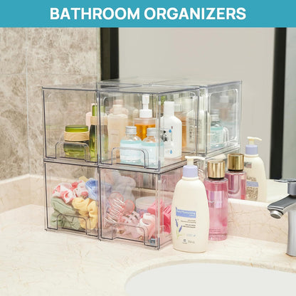 Stackable Storage Drawers 4 Pack Clear Acrylic Makeup Organizer - BPA-Free Bathroom Vanity Countertop Storage Bins for Skincare, Perfume & Cosmetics, Pull-Out Handle, Non-Slip, Multi-Room Use