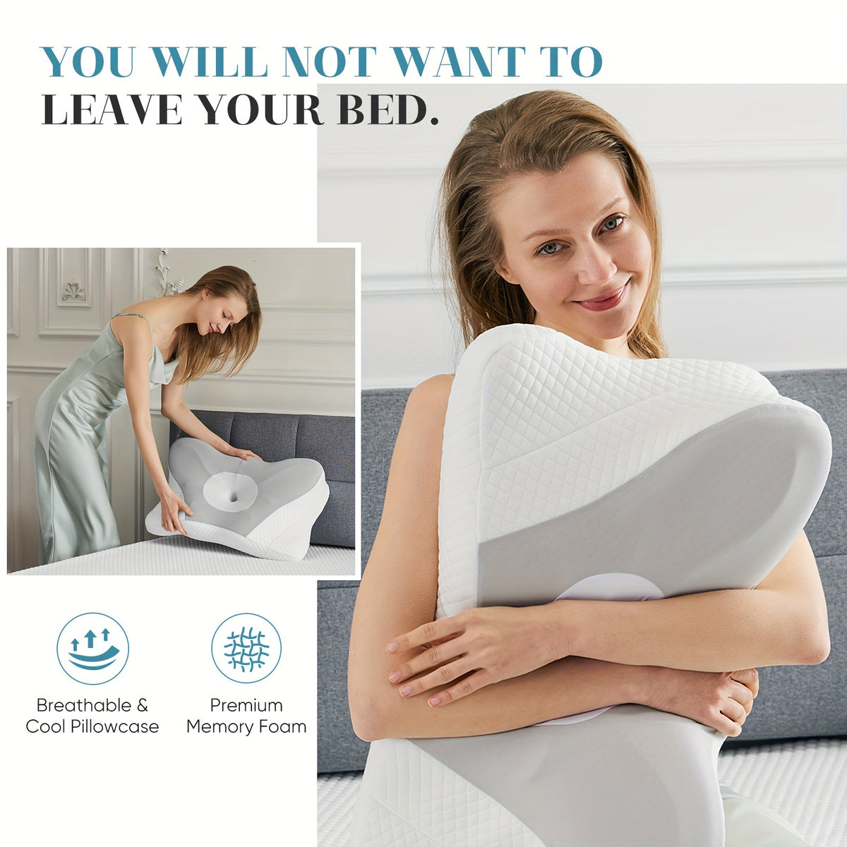 Cervical Neck Pillow Memory Foam Ergonomic Contour for Side Back Stomach Sleepers - Orthopedic Neck Support with Cooling Pillowcase, Grey White King Standard 2-Pack