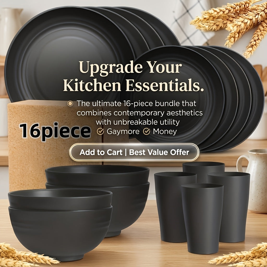 Wheat Straw Dinnerware Set 16/32 Piece, Unbreakable Plastic Plates Bowls Cups for Camping Outdoor Picnic, BPA-Free Lightweight Tableware for 4/8 People, Dishwasher Safe Kitchen Dining Set Black Colorful