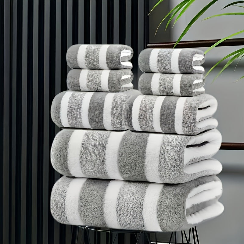 Bath Towel Set 8-Piece Ultra-Soft Absorbent Two-Tone Striped Towels - 2 Bath Towels, 2 Face Towels, 4 Hand Towels - Lint-Free Quick-Dry Bathroom Towels for Home, Hotel, Spa, Red & Gray Options