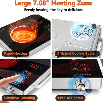 Portable Electric Ceramic Hot Plate 2200W with Dual Control - Infrared Countertop Burner with Adjustable Temperature, Touch & Rotation Knob, Induction Compatible Cooktop for Dorm, RV & Small Kitchen