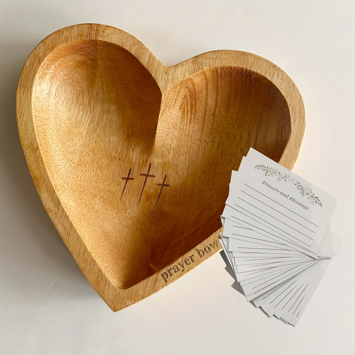 Wooden Prayer Bowl Heart Shaped – Christian Gift for Women, Religious Home Decor, Spiritual Blessing Bowl, Natural Wood Grain, Smooth Finish, Let's Pray Together, Congregation & Church Gift