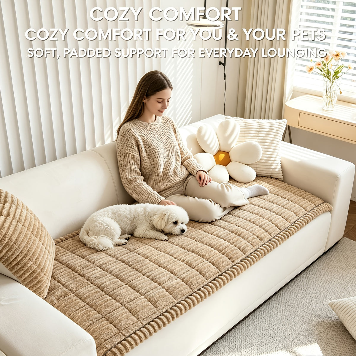Sofa Cover Plush Velvet - Washable Stretch Couch Cover with Wavy Edge, Soft Shu Velveteen Sofa Protector for 1 2 3 4 Seater, Easy Install Furniture Cover in White Khaki Gray