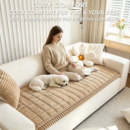Sofa Cover Plush Velvet - Washable Stretch Couch Cover with Wavy Edge, Soft Shu Velveteen Sofa Protector for 1 2 3 4 Seater, Easy Install Furniture Cover in White Khaki Gray