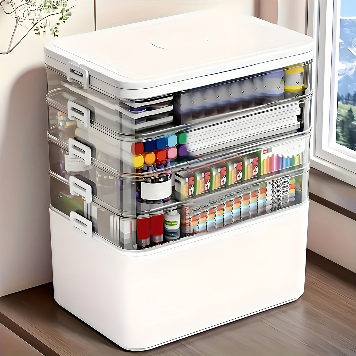 5-Tier Stackable Storage Box with Lids & Handle – Large Capacity Transparent Organizer for Crafts, Sewing, Cosmetics, Office Supplies, Pills & Bathroom