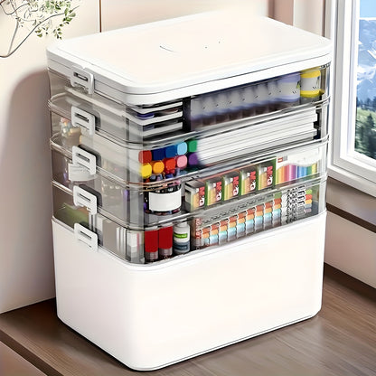 5-Tier Stackable Storage Box with Lids & Handle – Large Capacity Transparent Organizer for Crafts, Sewing, Cosmetics, Office Supplies, Pills & Bathroom