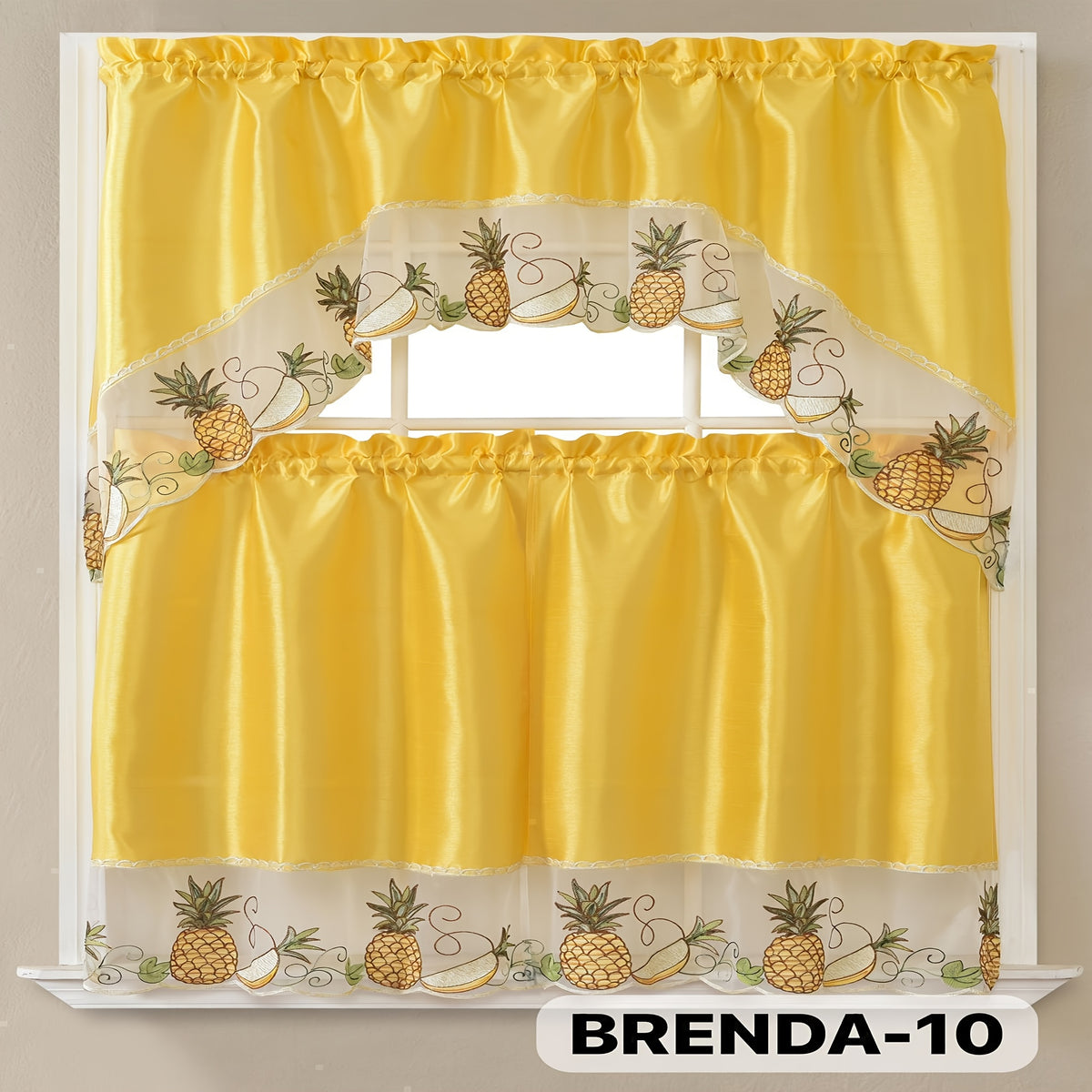 Kitchen Curtains Set 3 Piece with Embroidery – Satin Fabric Valance and Tier Curtains for Kitchen Windows, 49 Colors, Light Filtering, Rod Pocket, Machine Washable