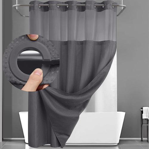 Hookless Shower Curtain with Snap Liner – Waffle Texture Double Layer Panels, No Hooks Required, Hand Washable Curtain & Liner Set for Home Hotel Bathroom, 74x71 Inch, Grey White Black Matcha