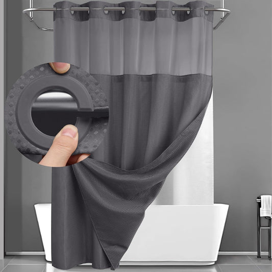 Hookless Shower Curtain with Snap Liner – Waffle Texture Double Layer Panels, No Hooks Required, Hand Washable Curtain & Liner Set for Home Hotel Bathroom, 74x71 Inch, Grey White Black Matcha