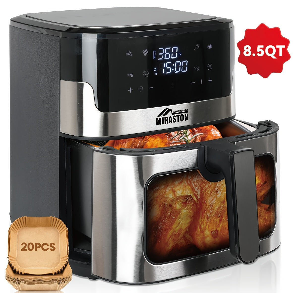 Large Capacity Air Fryer 8.5QT & 3.2QT with Smart Touch Screen – 8 Preset Functions, Nonstick Basket, Even Crisp Technology for Family Meals, 5-6 Servings, Black Digital Kitchen Air Fryer