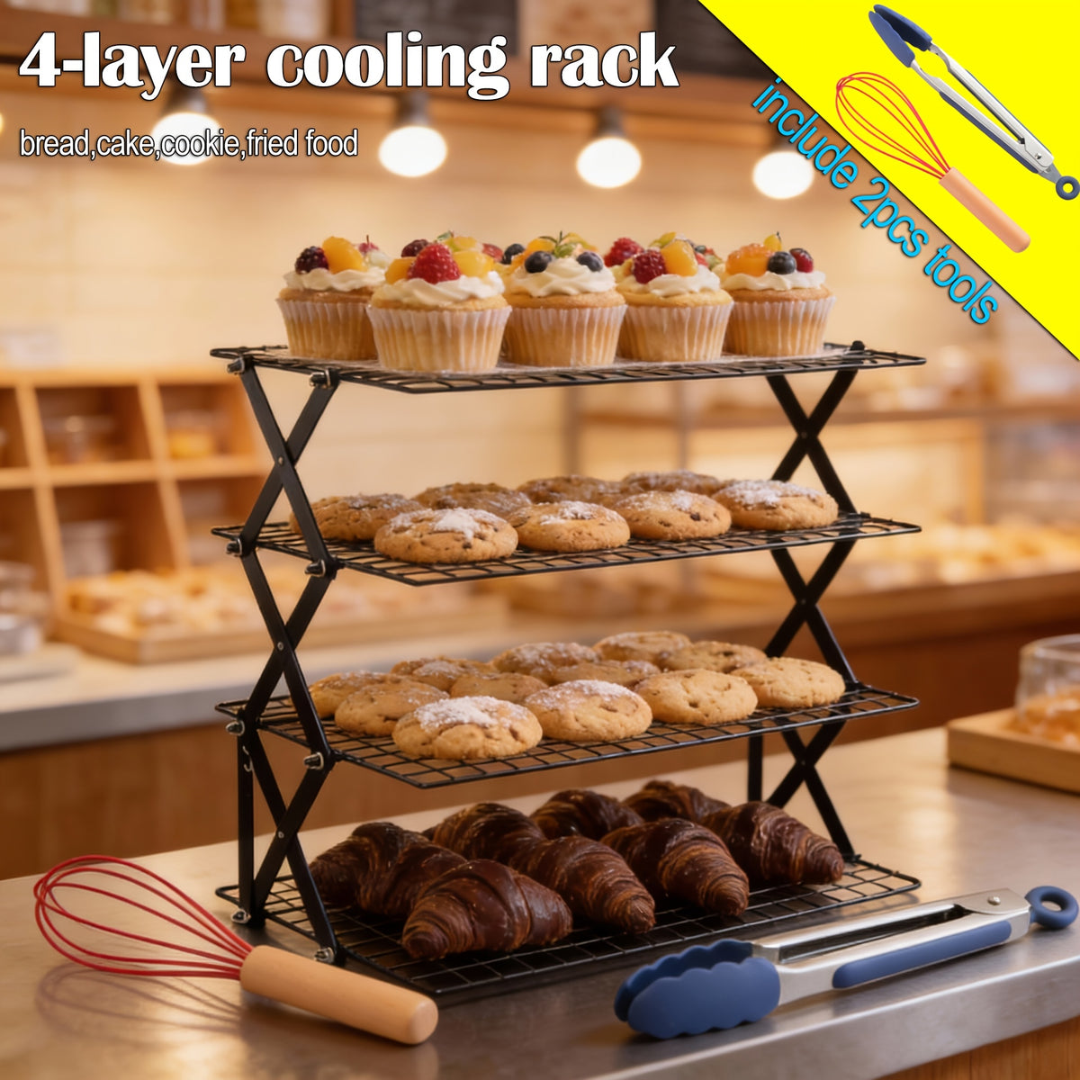 Collapsible Baking Cooling Rack 3 or 4 Tier – Stackable Metal Wire Rack for Baking Trays with Adjustable Settings, Baking Tools Set & Camping Grill for Cooking, Cooling & Cake Drying