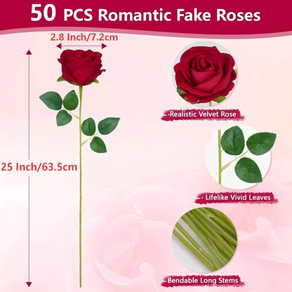 Artificial Roses Bulk with Long Stems Real Touch Velvet Fake Rose Flowers for Wedding Centerpieces, Bridal Bouquet, Valentine's Day, Mother's Day & Home Decor – 50 or 100 Pcs (Red, White, Pink, Black, Blue)
