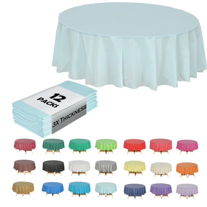 Disposable Plastic Tablecloth 12-Pack – Heavy Duty Table Cover for Parties, 84" Round & 54"x108" Rectangle, 22 Colors for Kitchen Dining Outdoor Events