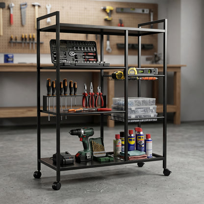 Rolling Storage Rack with Baskets Adjustable Metal Shelf on Wheels Kitchen Pantry Organizer Garage Bathroom Closet Utility Standing Shelf