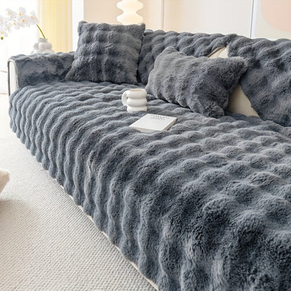 Faux Rabbit Plush Sofa Cover Winter Warm Thickened Anti-Slip Furniture Protector – Soft Pet-Friendly Couch Cover for Living Room Bedroom Office, 4 Colors