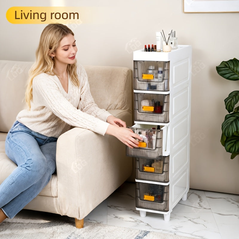 Slim Storage Cabinet with Drawers 3 4 5 6 Tier, Waterproof PP Plastic Drawer Organizer Unit for Bathroom Kitchen Bedroom, Narrow Rolling Storage Cart with Wheels for Small Spaces
