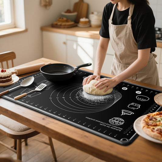 Silicone Pastry Mat Extra Thick 6mm Non-Slip Baking Mat with Measurements, Reusable Dough Rolling Mat for Pizza Cake Bread, Odor-Free Natural Dye Silicone Baking Sheet for Kitchen Counter