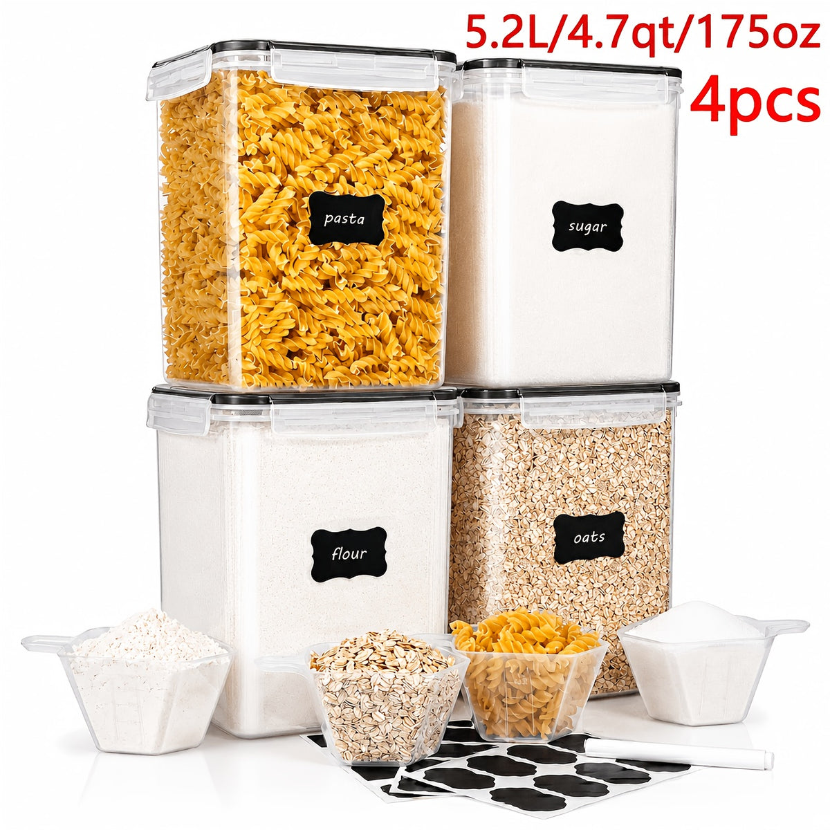Food Storage Containers Set of 4 - Large 5.2L Airtight BPA-Free Plastic Canisters for Flour Sugar Rice Baking Supplies, Stackable Pantry Organizer with Lids Measuring Cups & Labels