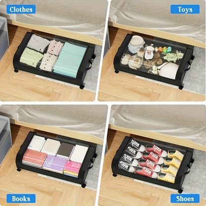Under Bed Storage Bins with Wheels 2 Pack, Rolling Underbed Storage Box with Metal Drawer, Bed Storage Organizer for Clothes Blankets Shoes Books Bedding, Under Bed Storage Containers with Lid