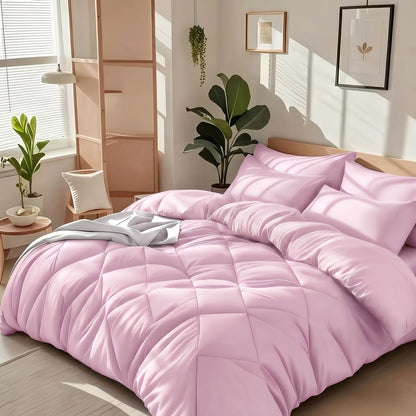 Cooling Comforter Set Queen King Twin - Lightweight Breathable Microfiber Fluffy Bedding with Rhombus Grid, Soft All Season Comforter with Pillowcases, 20 Colors Available