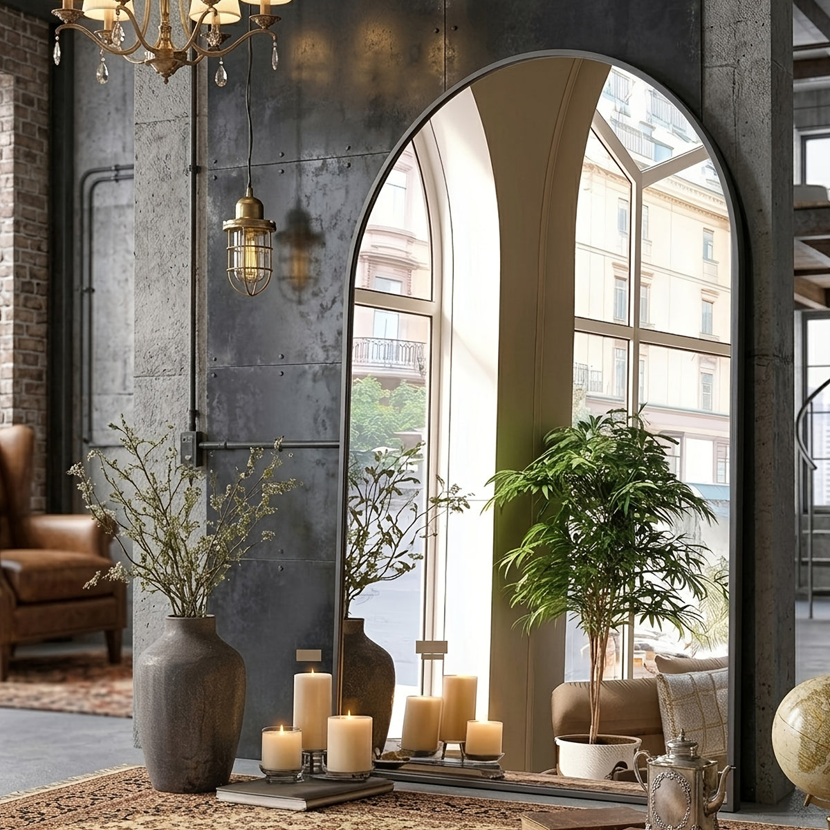 Gold Black Arch Mirror Wall Mounted Metal Frame Arched Wall Mirror Multiple Sizes for Bathroom Bedroom Entryway Living Room Vanity