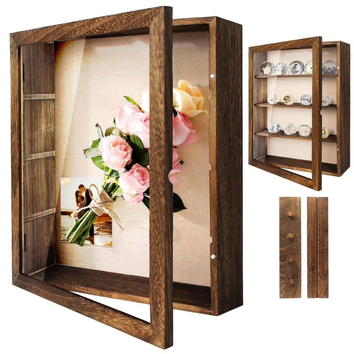 Shadow Box Frame with Linen Back 11x14 12x16, Large Rustic Memory Display Case with 4 Removable Shelves for Flowers Pictures Championship Rings Medals Coins Pins Collection Home Decor Wall Display