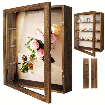 Shadow Box Frame with Linen Back 11x14 12x16, Large Rustic Memory Display Case with 4 Removable Shelves for Flowers Pictures Championship Rings Medals Coins Pins Collection Home Decor Wall Display