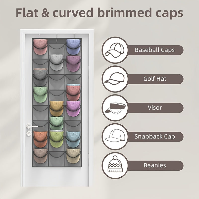 Over The Door Hat Organizer 24 Pocket Baseball Cap Rack with Clear Pockets and 3 Hooks Closet Hat Storage Holder for Hat Display and Protection