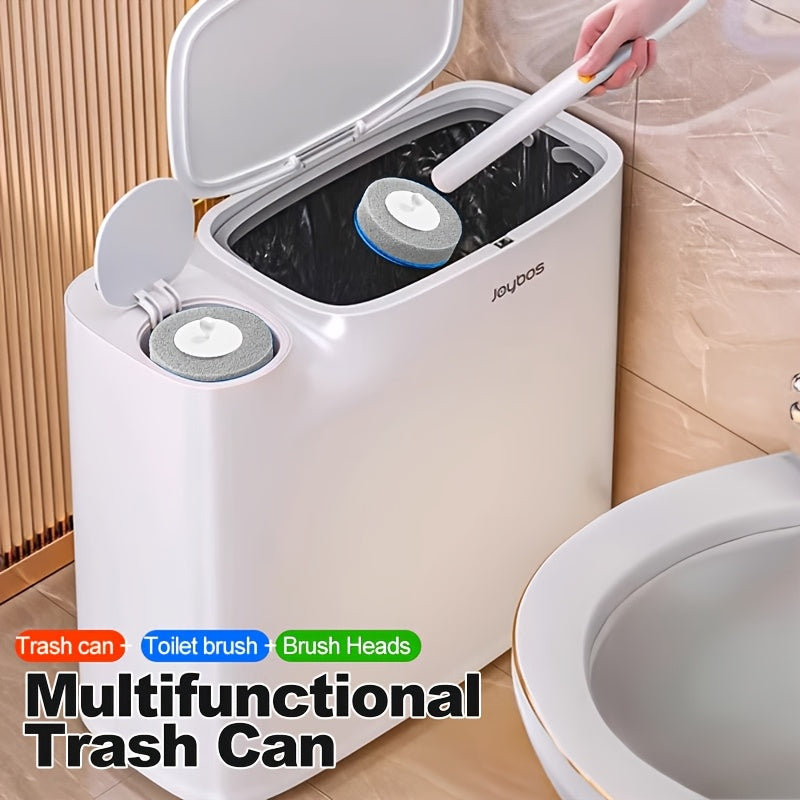 Toilet Brush with Trash Can 2-in-1 Bathroom Set - Slim 7.7L Waste Bin with Disposable Brush Heads, Space Saving Narrow Bathroom Trash Can with Lid for Small Bathroom RV Apartment
