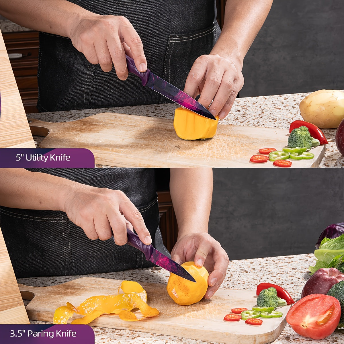 Kitchen Knife Set 6 Piece High Carbon Stainless Steel Sharp Chef Knife Bread Knife Scissors Sharpener Anti-Slip Handle Dishwasher Safe, Colorful Phoenix Pattern Knife Set Gift for Women