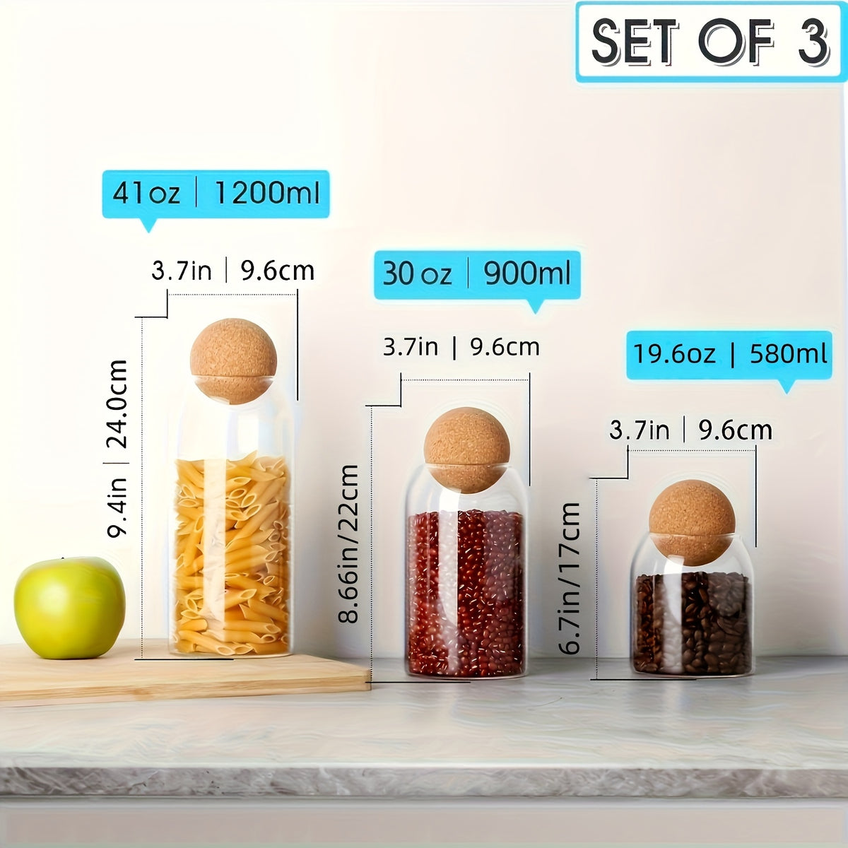 Glass Storage Jars with Cork Lids 3 Pack 17oz 500ml Round Airtight Containers for Kitchen Pantry Tea Nuts Candy Flowers, Reusable Glass Canisters with Spherical Cork Stopper Kitchen Organization