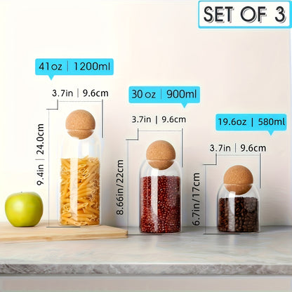 Glass Storage Jars with Cork Lids 3 Pack 17oz 500ml Round Airtight Containers for Kitchen Pantry Tea Nuts Candy Flowers, Reusable Glass Canisters with Spherical Cork Stopper Kitchen Organization