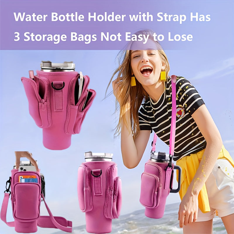 Water Bottle Carrier Bag with Phone Pocket – Adjustable Pouch Holder for 40oz Stanley Tumbler & Stainless Steel Mugs, Hands-Free Crossbody Bottle Sling for Men & Women, Perfect Gift Accessory