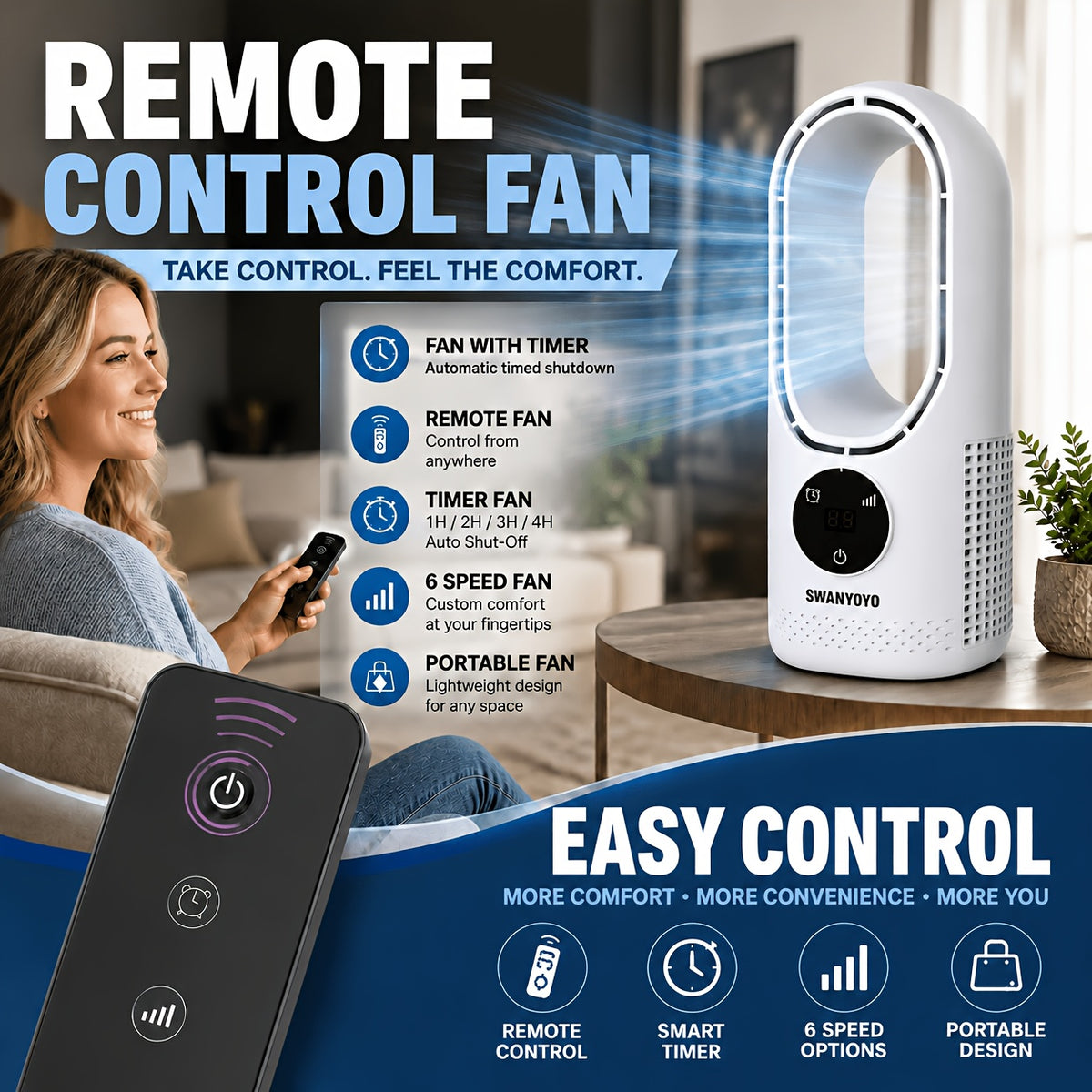 Desktop Bladeless Fan USB Powered – Water Mist Cooling Tower Fan with Remote Control, Touch Screen, 7-Color LED Light, Timer & Auto Shutdown, Portable for Office Home Travel Camping, Blue or White