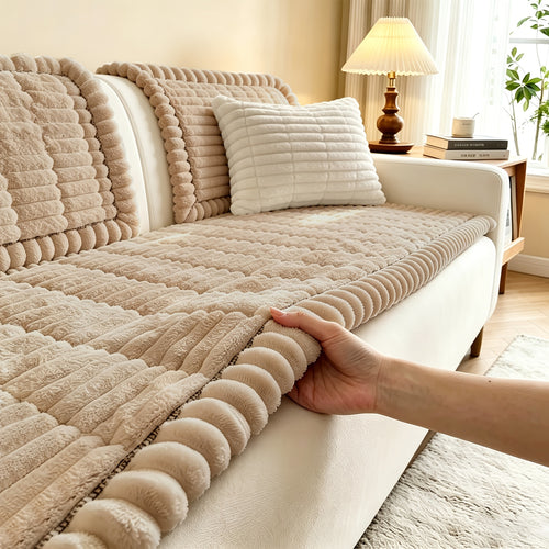 Sofa Cover Plush Velvet - Washable Stretch Couch Cover with Wavy Edge, Soft Shu Velveteen Sofa Protector for 1 2 3 4 Seater, Easy Install Furniture Cover in White Khaki Gray