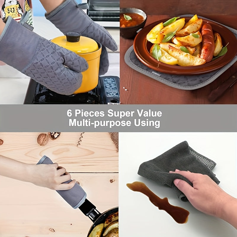 Oven Mitts and Pot Holders Set 6 Piece Heat Resistant Kitchen Gloves with Non-Slip Surface for Cooking Baking BBQ Grilling Multiple Colors Gray Black Green Blue Red Pink