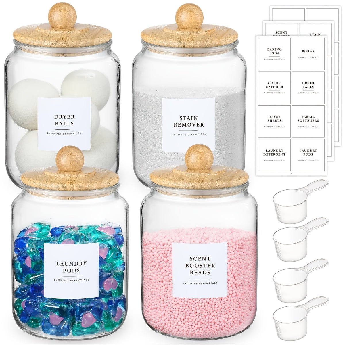 Glass Jars with Airtight Lids Labels and Spoons, Half Gallon Wide Mouth Storage Canisters for Laundry Detergent Pods Scent Booster Beads Sugar Bath Salts, 1 2 3 4 Pack Options