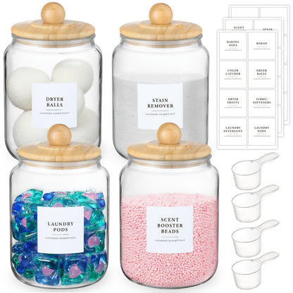 Glass Jars with Airtight Lids Labels and Spoons, Half Gallon Wide Mouth Storage Canisters for Laundry Detergent Pods Scent Booster Beads Sugar Bath Salts, 1 2 3 4 Pack Options