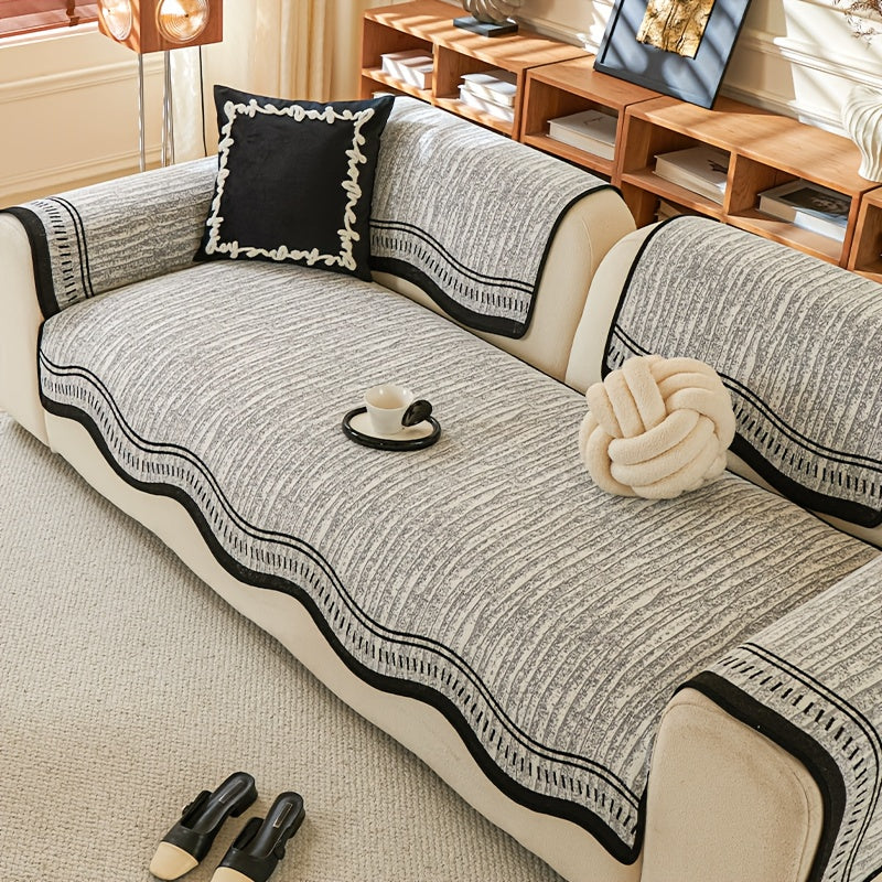Chenille Sofa Cover Cushion 2 3 4 Seater Non-Slip Anti-Scratch Couch Protector, Premium Minimalist Sofa Slipcover All Season Universal Fit for Living Room Bedroom, Black Grey Beige Coffee