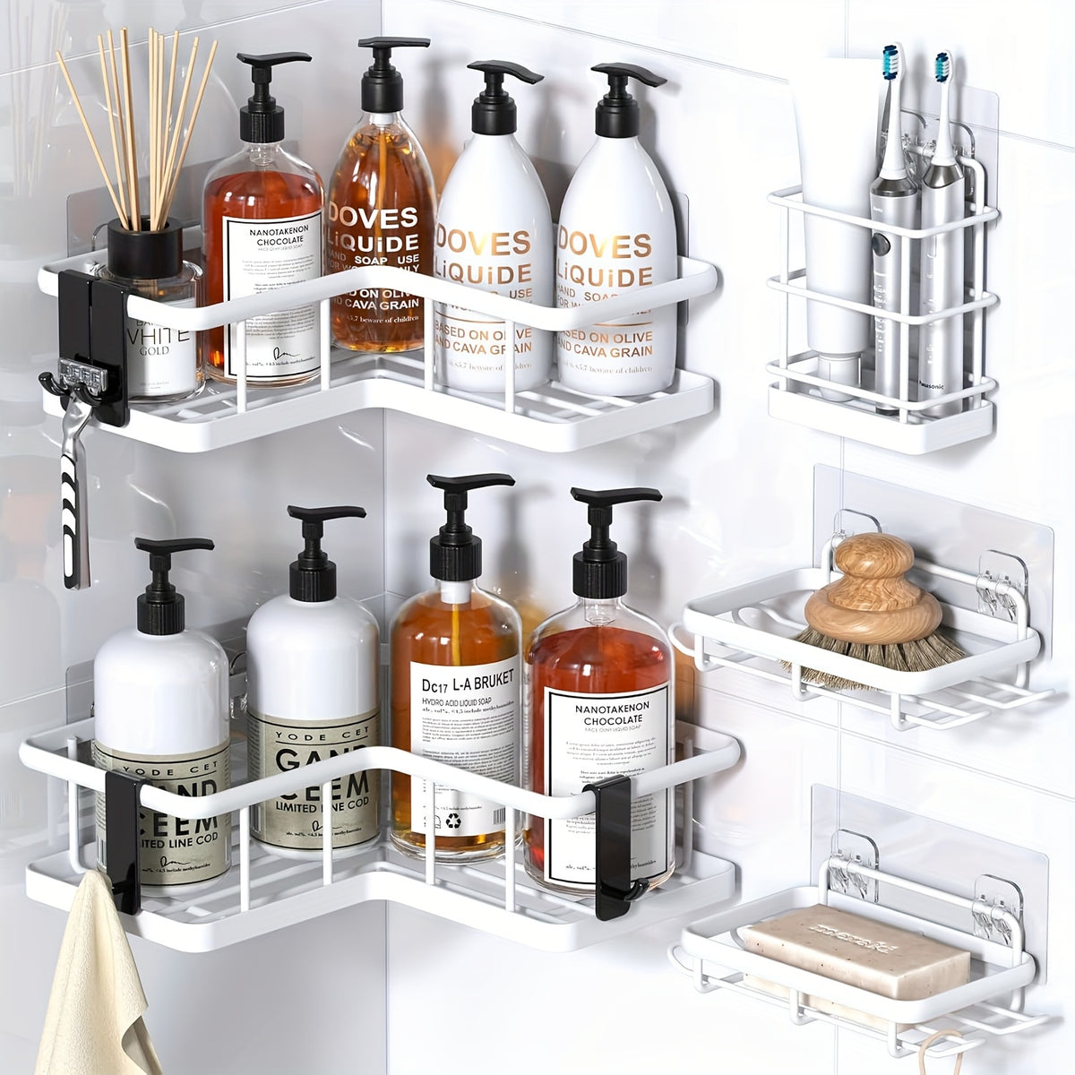 Corner Shower Caddy 5 Pack with Soap Holder & 4 Removable Hooks – No Drilling Suction Cup Shower Shelf, Rustproof Stainless Steel Bathroom Organizer for Inside Shower | 8 Colors