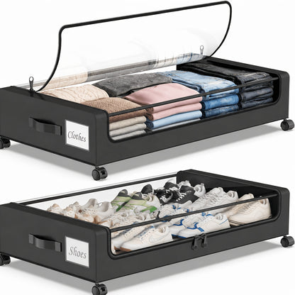 XXL Under Bed Storage Containers with Wheels & Clear Lids – 2-Pack 17.17 Gal Rolling Underbed Drawers for Shoes, Clothes, Comforters & Bedding, Space-Saving Pull-Out Bins for Dorm & Bedroom, Black & Grey