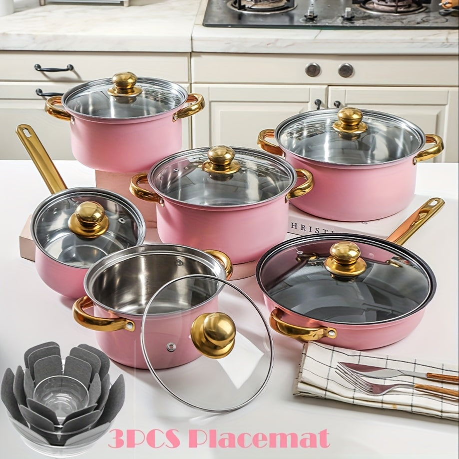 Stainless Steel Cookware Set – Induction Compatible Stockpot & Nonstick Pot with Lid, Double Handle, for Soup, Hotpot, Pasta & Rice, Kitchen Essential, 1, 10 or 12 Piece